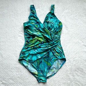 Miraclesuit Oceanus One Piece Swimsuit 12 Blue Tropical Slimming Tummy Control